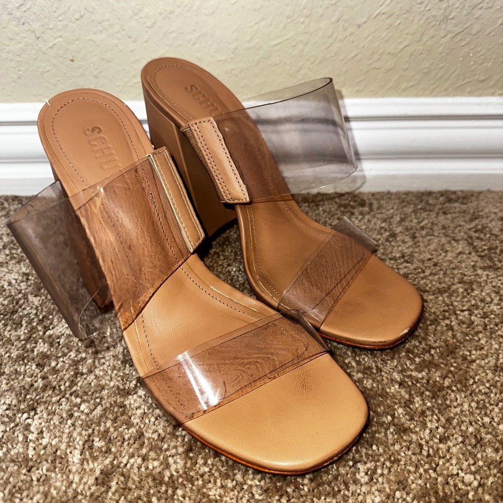 Schutz Victorie High Block Sandal Nude Clear Vinyl Double Strap Mule Size 7.5B